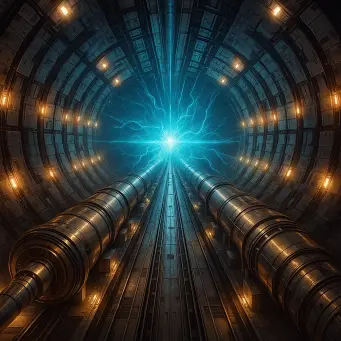 A computer-generated cutaway view of the ALICE detector with particles colliding and producing quark-gluon plasma in the center.
