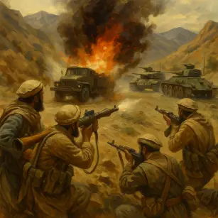 Afghan mujahideen ambush a Soviet convoy in the mountains, firing RPGs as a truck explodes in flames.