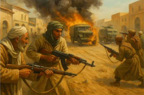 Algerian insurgents ambush a French military convoy in a desert town as flames engulf a burning truck.