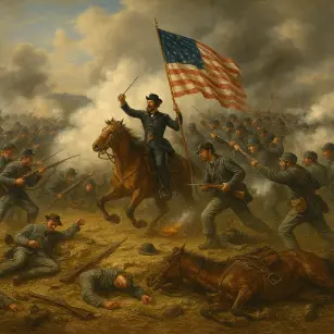 A dramatic battlefield scene from the American Civil War showing Union troops advancing with a flag amid smoke and fallen soldiers.