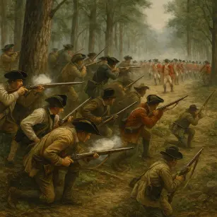 Colonial militia ambush British redcoats in a forest, firing from behind trees.