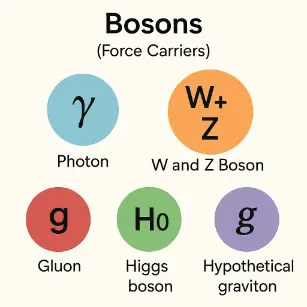 Diagram of bosons showing six force carriers: photon (γ), W and Z bosons, gluon (g), Higgs boson (H⁰), and hypothetical graviton (g), each inside a colored circle.