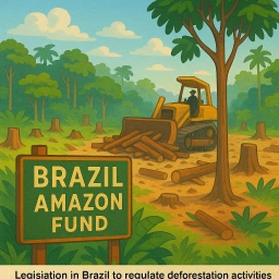 A bulldozer clearing rainforest near a sign reading “Brazil Amazon Fund”