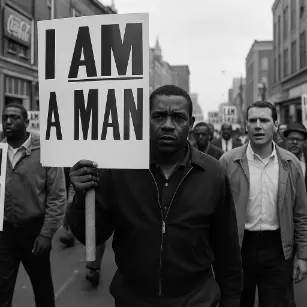African American man holds an “I AM A MAN” sign during a civil rights protest, with diverse marchers behind him on a city street.