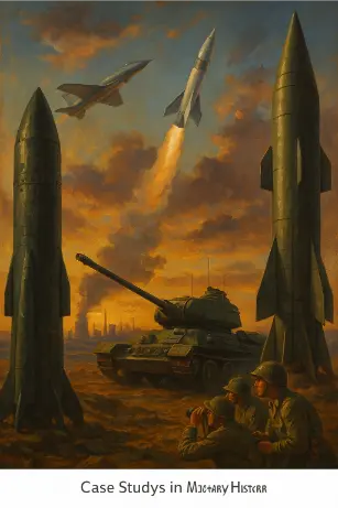 Cold War military buildup with missiles, tanks, fighter jets, and a rocket launch under a dramatic evening sky.