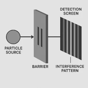 Electron diffraction pattern from a double-slit experiment, showing a series of vertical interference fringes on a detection screen.