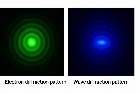 Side-by-side comparison of electron diffraction pattern (green) and classical wave diffraction pattern (blue)