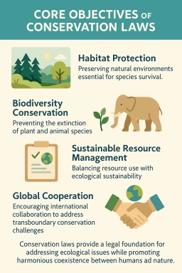 A vertical infographic titled "Core Objectives of Conservation Laws" showing four illustrated objectives: habitat protection, biodiversity conservation, sustainable resource management, and global cooperation.