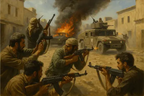 Insurgents armed with rifles ambush a military convoy in a narrow urban street as a Humvee burns in the background.