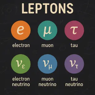 Illustration of six leptons: electron (e), muon (μ), tau (τ), and their corresponding neutrinos (νₑ, ν_μ, ν_τ), grouped in three generations, with each charged lepton paired with its neutrino.