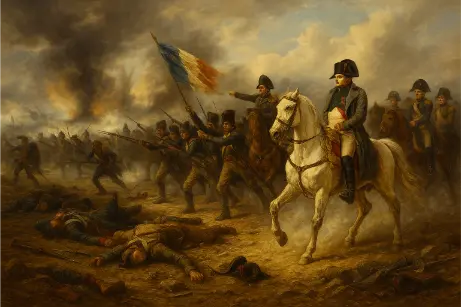 Napoleon leads French troops into battle on horseback, surrounded by smoke, flags, and fallen soldiers