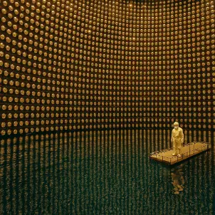 Interior view of a large neutrino detector chamber, showing photomultiplier tubes mounted on curved walls surrounding a water tank.