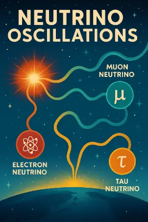 A conceptual diagram showing neutrinos changing flavors between electron, muon, and tau types as they travel through space.