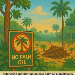 Palm plantations next to protected forest area in Indonesia with “No Palm Oil” sign