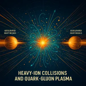 A vibrant depiction of high-energy particle collisions creating a glowing quark-gluon plasma in early-universe conditions.