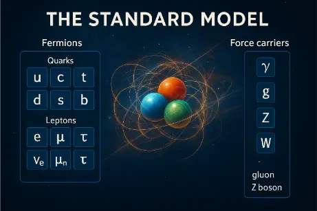 Visual diagram of the Standard Model showing quarks, leptons, and force carriers with a central illustration of a nucleon made of quarks and gluons.
