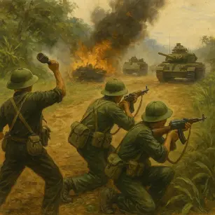 Three Viet Cong soldiers ambush a U.S. armored convoy in the jungle, with rifles and grenades amid smoke and fire.