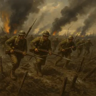 World War I soldiers with rifles and bayonets advance through a muddy battlefield with barbed wire and burning skies.