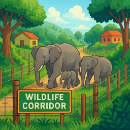 Elephants walking through a fenced wildlife corridor between two rural Indian villages