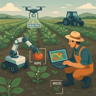 Digital illustration of a smart farm using computer vision, with a robot harvesting a ripe tomato, a drone flying overhead, and a farmer analyzing field data on a laptop.