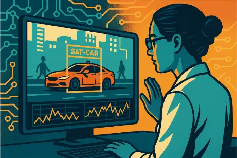 A retro-sci-fi style illustration of a scientist analyzing an image of an orange car labeled "SAT-CAR" on a screen, with data charts and a futuristic urban background.