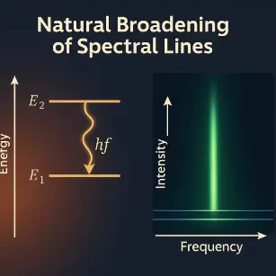 Diagram illustrating spectral line broadening due to uncertainty in energy levels E₁ and E₂, showing a spread in emitted photon frequencies.