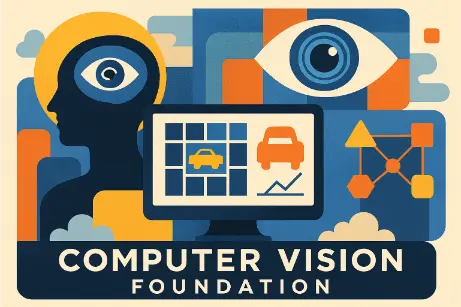 Stylized digital illustration featuring abstract representations of computer vision research, including a human profile with an eye, a monitor displaying image recognition grids, and geometric AI elements.