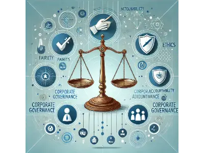 Scales of justice surrounded by icons representing corporate governance principles such as ethics, fairness, and accountability.