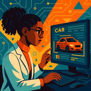 A stylized digital illustration of a woman analyzing computer vision data on a monitor displaying a detected car.