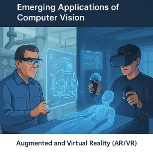 A digital illustration visually explains emerging AR and VR applications in computer vision, showing a technician in AR glasses interacting with holographic machine diagrams and a young man in a VR headset exploring a virtual anatomy simulation.