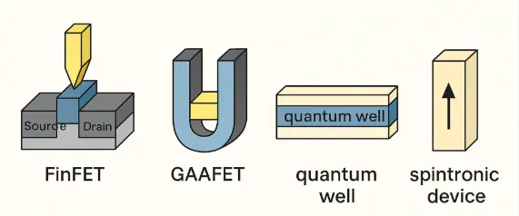 Digital illustration showing advanced semiconductor device architectures including FinFETs, GAAFETs, quantum wells, and spintronic components.