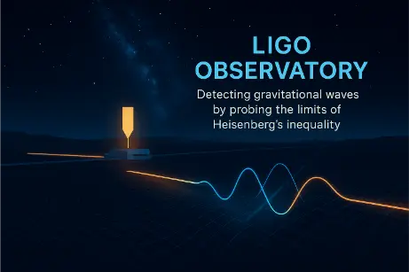 Digital illustration of the LIGO observatory with laser beams splitting between long vacuum arms, reflecting off mirrors, and interacting with gravitational waves, symbolizing sensitivity to quantum uncertainties.
