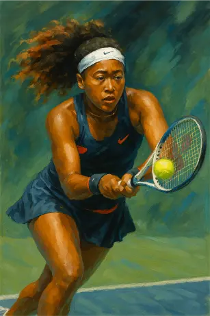 A traditional painting of a female tennis player mid-swing, intensely focused on returning a shot during match play.