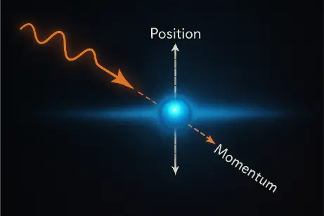 A digital illustration depicts an atomic particle, such as an electron, being struck by incoming photons, illustrating quantum disturbance during position measurement.