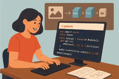 Young woman coding in PyTorch with a neural network diagram in the background