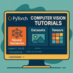 Flat-style digital illustration of a computer screen displaying PyTorch computer vision tutorials with sections on Neural Networks, Datasets, and Tensors.