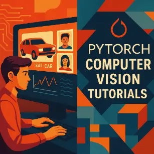 Stylized illustration showing a student using PyTorch for computer vision tasks in a coding environment