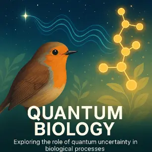 Illustration depicting quantum biology concepts such as avian magnetoreception and enzymatic activity influenced by quantum uncertainty.