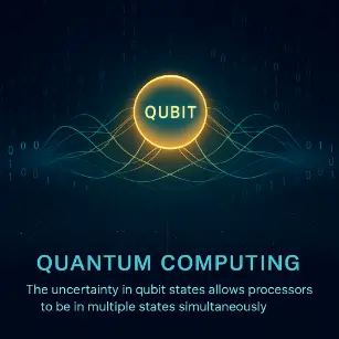 Digital illustration of quantum computing showing glowing qubits in superposition and entanglement, connected by energy lines against a futuristic blue background.
