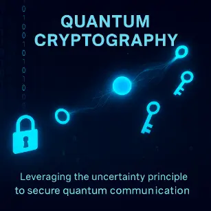 Quantum cryptography illustration with glowing keys, entangled particles, and a secure padlock symbol, all overlaid on a binary-coded digital grid.