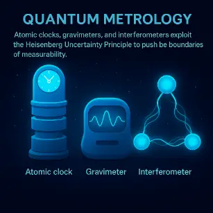 A digital illustration of quantum metrology tools including an atomic clock, gravimeter, and interferometer, labeled and glowing on a dark futuristic background.