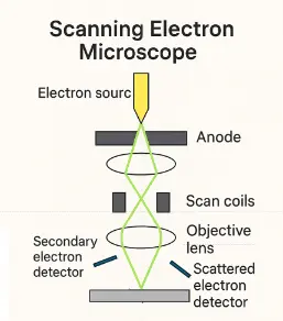 Simplified labeled diagram of a scanning electron microscope showing components including electron source, anode, condenser lens, scan coils, objective lens, sample, secondary electron detector, and scattered electron detector.