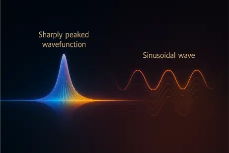 Abstract wavefunction illustration showing narrow and broad spatial distributions versus wave frequency, symbolizing Heisenberg's uncertainty principle.