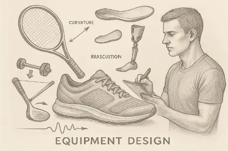 A detailed pencil drawing of a biomechanical designer sketching a running shoe surrounded by annotated sports equipment including a tennis racquet, golf club, prosthetic limb, orthotics, and shock absorption waveform.