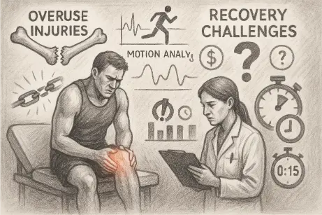 A charcoal-style drawing of an injured male athlete clutching his knee, with a medical professional reviewing data, surrounded by symbols of overuse injuries and recovery challenges.