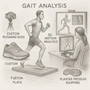 Graphite pencil drawing showing a gait analysis lab with a male runner on a force plate, custom shoe design, and technician monitoring 3D motion and plantar pressure data.
