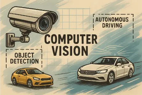Stylized infographic showing a surveillance camera, two cars, and the phrase "Computer Vision" with labeled areas for object detection and autonomous driving.