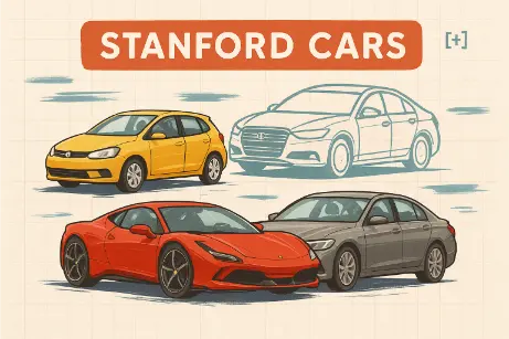 Three distinctive car types—a red sports car, a yellow hatchback, and a gray sedan—are shown on a grid background with stylized brushstrokes and a ghosted blueprint-style outline of another car behind them, labeled “Stanford Cars.”