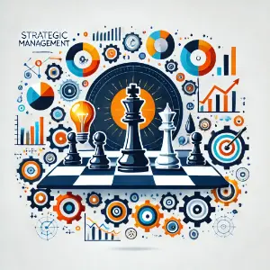 Illustration of chess pieces on a board surrounded by gears, charts, and lightbulb icons representing strategic management concepts.