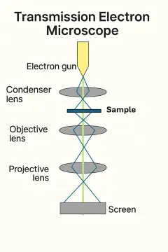 Simplified labeled diagram of a Transmission Electron Microscope (TEM) showing the electron gun, condenser lens, sample, objective lens, projector lens, and screen.
